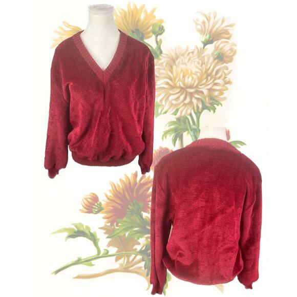 Vintage 70s Cinnabar Red Plush V Neck Velour Sweater Size 44/XXL - Picture 1 of 2